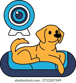 Un perro está acostado en una cama con una cámara en el fondo. La cámara es una cámara web y el perro está mirando a la cámara