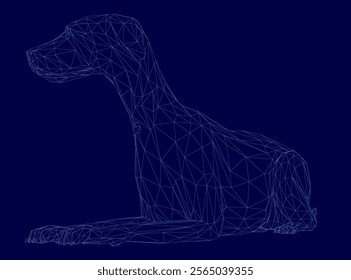 Dog is laying on a blue background. The dog is laying on its side and has its head down