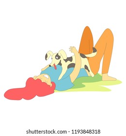 Dog laying on woman owner chest and smiling vector