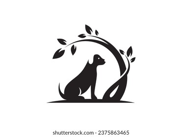 dog and leaf logo design. pet care white tree circle concept element symbol vector illustration