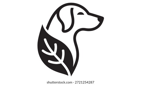 Diseño de logotipos de perros y hojas, arte de línea simple, marca de mascotas ecológica