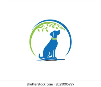 Logotipo de perro con hoja y vector de diseño de iconos.