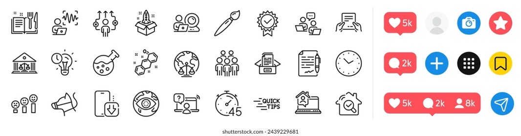 Dog leash, Court building and Timer line icons pack. Social media icons. Business way, Receive file, Chemistry lab web icon. Certificate, Magistrates court, Voice wave pictogram. Vector