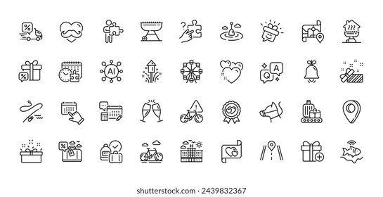 Dog leash, Event click and Father day line icons pack. AI, Question and Answer, Map pin icons. Fishing rod, Present, Home grill web icon. Champagne glasses, Account, Search puzzle pictogram. Vector