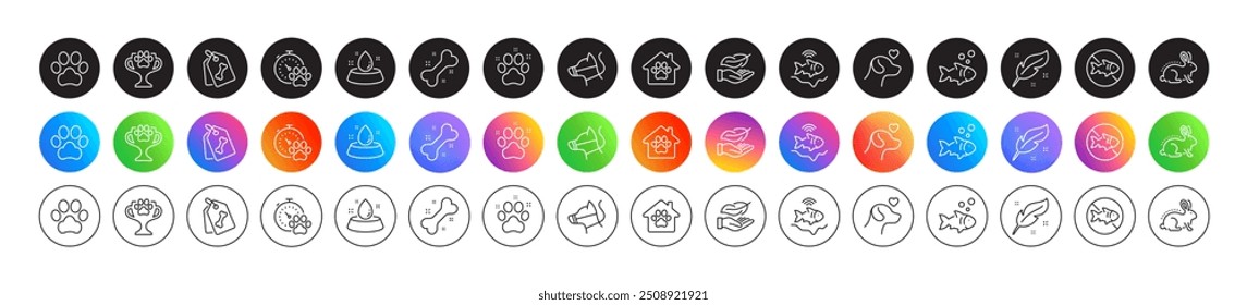 Dog leash, Fishfinder and Pets care line icons. Round icon gradient buttons. Pack of Winner cup, Pet tags, Feather icon. Pet shelter, Water bowl, Fish pictogram. Vector