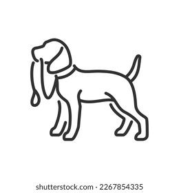 Dog with a leash in his teeth, linear icon. Dog wants to go for a walk. Line with editable stroke