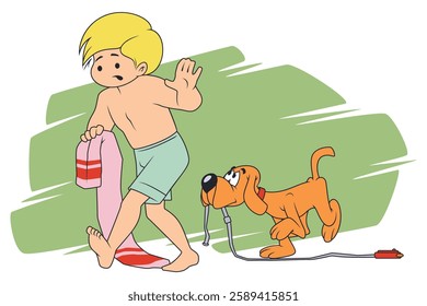 Dog with leash in its teeth asks to go for walk. Funny people. Illustration concept template for website, web landing page, banner, presentation, social, poster, promotion or print media.