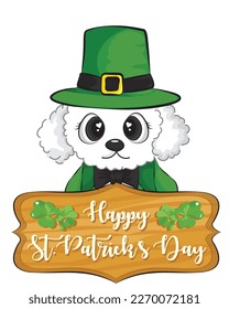 A dog in a leprechaun hat on a white background with green clovers. St Patrick's Day concept