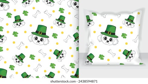 A dog in a leprechaun hat seamless pattern with green clovers. St Patrick's Day concept and bone