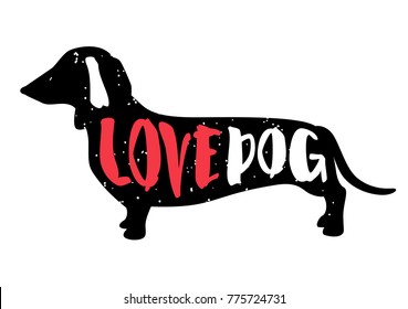 Dog with lettering text on white background. Vector color sticker.