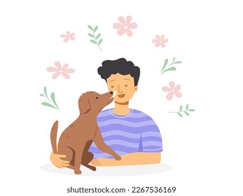 A dog licking of a boy's face, dog therapy concept. Flat vector illustration.