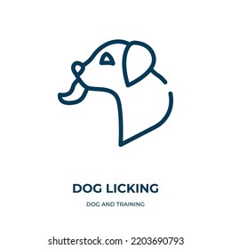 Icono de lamiendo perro. Ilustración vectorial lineal de la colección de perros y entrenamiento. Esquema del vector del icono de lamer del perro. Símbolo de línea delgada para uso en aplicaciones web y móviles, logotipo, medios impresos.