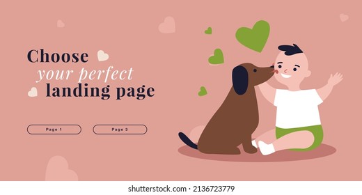 Dog licking little kids face with tongue. Boy toddler playing with best friend puppy together flat vector illustration. Love, care for animal concept for banner, website design or landing web page