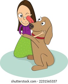 Dog licking woman face with love