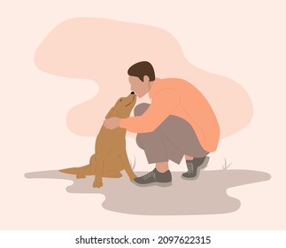 The dog licks the owner's face. Cute llustration in flat style.