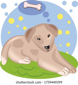 The dog lies on the grass and dreams of a bone. Happy childhood design.