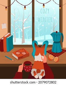 El perro yace de rodillas y mira por la ventana. Acariciando a mano a un perro. Fuera de la ventana hay un paisaje invernal. Cafetera y libros sobre la mesa. Invierno acogedor. Ilustración vectorial en estilo plano