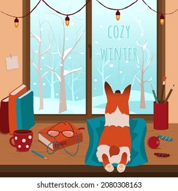 Dog lies on the table on a pillow and looks out the window. Outside the window is a winter landscape. Books, candies and mug of coffee on the table. Cozy winter. Vector illustration in flat style