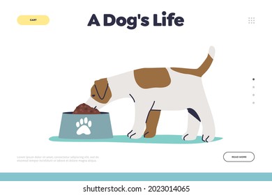 Dog life concept of landing page with small cute pappy eating dry food from dog bowl with paw. Little domestic dog pet friend. Cartoon flat vector illustration