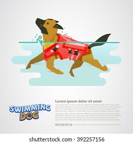 Dog With Lifeguard Swimming In The Water - Vector Illustration