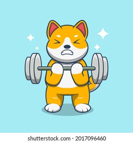 Dog Lift Up Barbell Cartoon Vector Illustration. Animal Sport Icon Concept Isolated On Blue Background. Good for a dog mascot, emoticons, sticker.