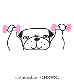 Dog lift dumbbells. Outline vector illustration on white background.