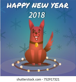A dog with a light bulbs on snowflake background. Happy New Year.