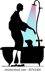The dog likes a shower in the bath
