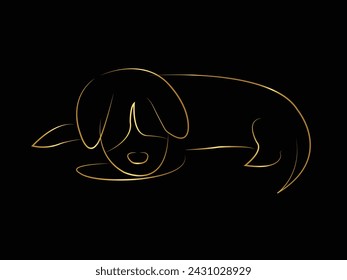 Dibujo de líneas continuas. Lindo perro. Esbozo lineal de oro minimalista aislado sobre fondo negro. Ilustración vectorial. Estilo minimalista dibujado a mano. Jugando. Orinar. Dormir. silueta.