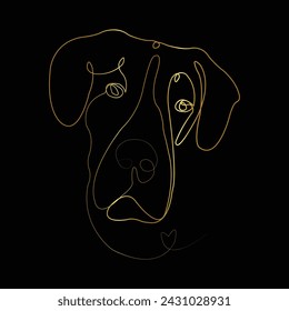 Dibujo de líneas continuas. Lindo perro. Esbozo lineal de oro minimalista aislado sobre fondo negro. Ilustración vectorial. Estilo minimalista dibujado a mano. Jugando. Orinar. Dormir. silueta.