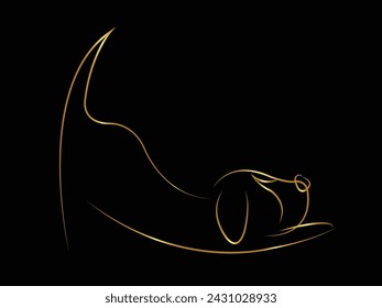 Dibujo de líneas continuas. Lindo perro. Esbozo lineal de oro minimalista aislado sobre fondo negro. Ilustración vectorial. Estilo minimalista dibujado a mano. Jugando. Orinar. Dormir. silueta.