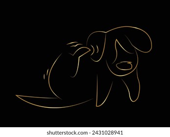 Dibujo de líneas continuas. Lindo perro. Esbozo lineal de oro minimalista aislado sobre fondo negro. Ilustración vectorial. Estilo minimalista dibujado a mano. Jugando. Orinar. Dormir. silueta.