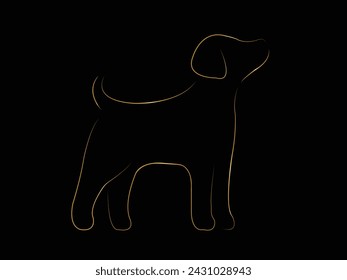 Dibujo de líneas continuas. Lindo perro. Esbozo lineal de oro minimalista aislado sobre fondo negro. Ilustración vectorial. Estilo minimalista dibujado a mano. Jugando. Orinar. Dormir. silueta.