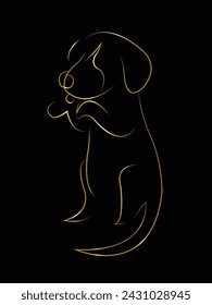 Dibujo de líneas continuas. Lindo perro. Esbozo lineal de oro minimalista aislado sobre fondo negro. Ilustración vectorial. Estilo minimalista dibujado a mano. Jugando. Orinar. Dormir. silueta.