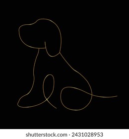 Dibujo de líneas continuas. Lindo perro. Esbozo lineal de oro minimalista aislado sobre fondo negro. Ilustración vectorial. Estilo minimalista dibujado a mano. Jugando. Orinar. Dormir. silueta.