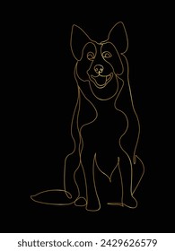 Dog Line art. German Shepherd.  Contour vector illustration. Continuous line drawing. Silhouette design. Gold isolated on black background. Dog sketch. For banner, logo, tattoo, wall art, mug, t shirt