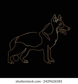 Dog Line art. German Shepherd.  Contour vector illustration. Continuous line drawing. Silhouette design. Gold isolated on black background. Dog sketch. For banner, logo, tattoo, wall art, mug, t shirt