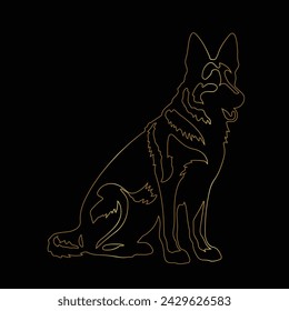 Dog Line art. German Shepherd.  Contour vector illustration. Continuous line drawing. Silhouette design. Gold isolated on black background. Dog sketch. For banner, logo, tattoo, wall art, mug, t shirt