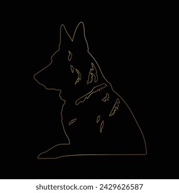 Dog Line art. German Shepherd.  Contour vector illustration. Continuous line drawing. Silhouette design. Gold isolated on black background. Dog sketch. For banner, logo, tattoo, wall art, mug, t shirt