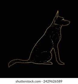 Dog Line art. German Shepherd.  Contour vector illustration. Continuous line drawing. Silhouette design. Gold isolated on black background. Dog sketch. For banner, logo, tattoo, wall art, mug, t shirt