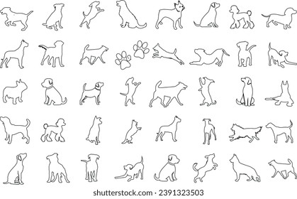 Dog line art vector illustration set, showcasing various breeds in unique poses. Ideal for pet lovers, dog-themed designs. Features poodle, dalmatian, bulldog, terrier, labrador, retriever, beagle