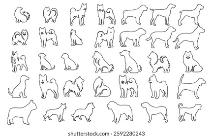 Dog line art vector illustration set, showcasing various breeds in unique poses. Ideal for pet lovers, dog-themed designs. Features poodle, dalmatian, bulldog, terrier, Labrador, retriever, beagle, Ch