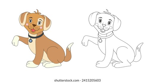 Dog line and color illustration. Cartoon vector illustration for coloring book.