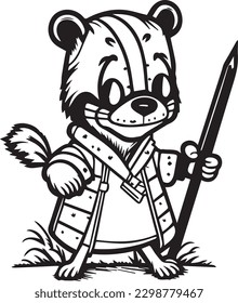 A dog line-art drawing holding the pencil. Sticks the Badger, cartoon characters, fictional character, white background, line art coloring book for kids, cartoon, crisp lines.