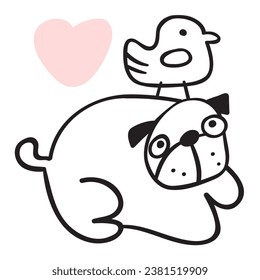 Dog and little bird. Friendship. Concept for veterinary, volunteer. Vector outline illustration design. 