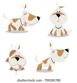 A dog, a little white dog with red spots. A set of dogs, goes, sits, stands.