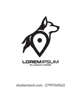 Dog Location logo showcases a canine profile seamlessly merged into a map navigation pin, employing sharp, clean lines to emphasize tracking, animal companionship, and location services in a contemporary aesthetic perfect for pet tech, mobile navigation apps, or professional dog walking services seeking a sleek, memorable, and approachable brand image.