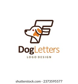 Dog Logo of cute puppy letterings F Pet shop icon vector, animal care store symbol, veterinary clinic label.