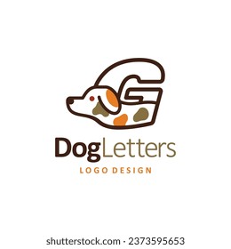 Dog Logo of cute puppy letterings G Pet shop icon vector, animal care store symbol, veterinary clinic label.