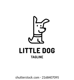 Dog logo design template. Cute line pet badge for veterinary clinic, pet shop, etc. Happy sitting puppy logotype, sign and symbol. Animal silhouette label illustration isolated on background